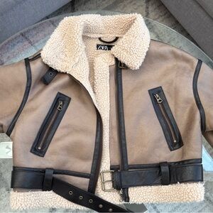 Zara women’s suede and Sherpa Aviator Jacket with Dark Trim